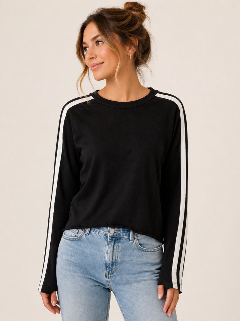 Philanthropy Caia Black Long Sleeve Stripe Tee Thumb Holes Size M